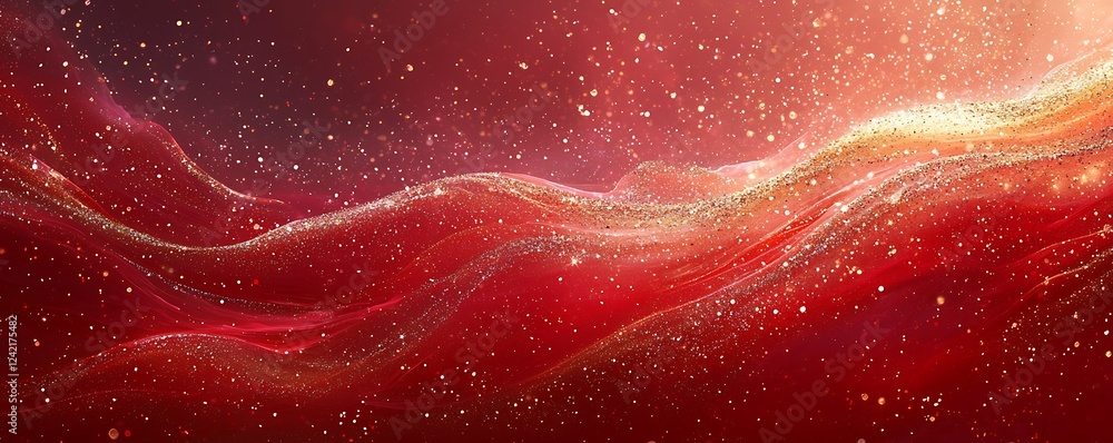 Poster a glowing red background with golden dust and shimmering sparkles, creating a festive atmosphere for