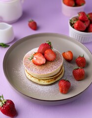 ふんわりとした苺のスフレパンケーキが、淡いラベンダー背景で引き立つ上品で柔らかな春の雰囲気
