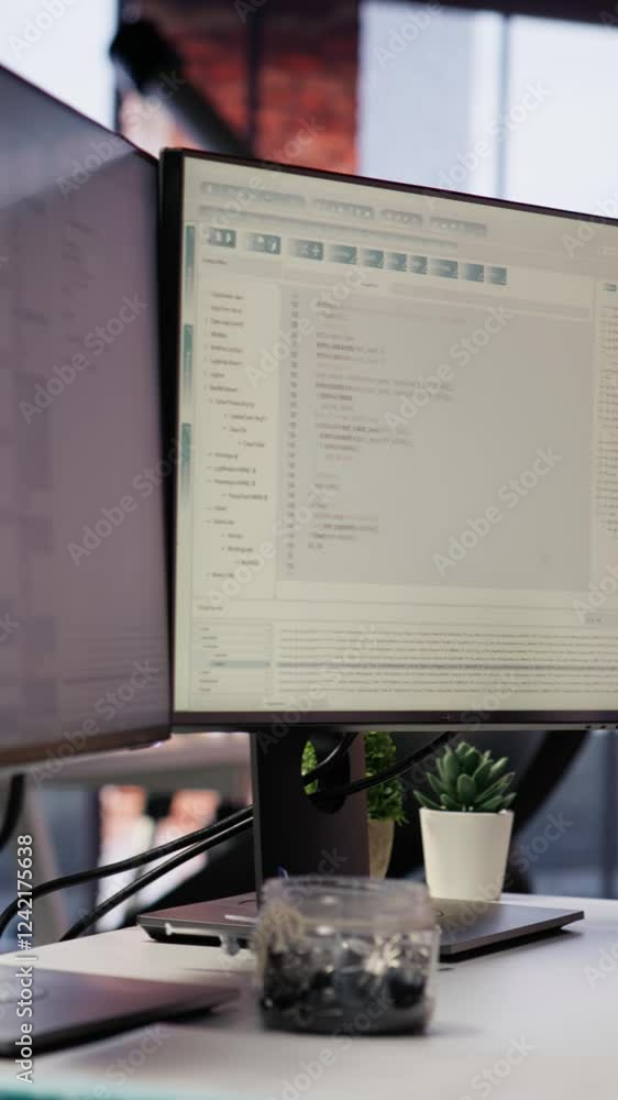 Poster vertical video advanced ai algorithms running on computer monitors in empty startup workspace deploy