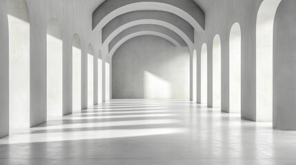 Large, empty room with white walls and arched windows