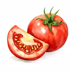 Tomato is cut in half and has a stem on top
