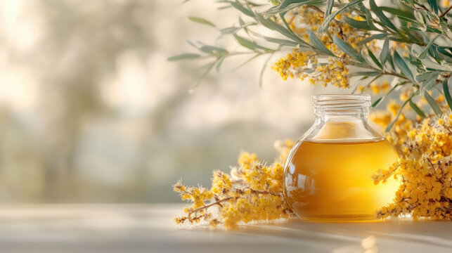 Golden oil bottle surrounded by delicate yellow blooms of sweet osmanthus and greenery, basking in soft sunlight for a natural, fresh vibe.