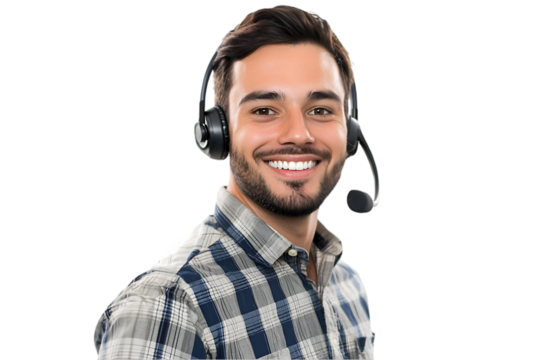 Portrait a smiling male call center operator worker with a headset, isolated on transparent background