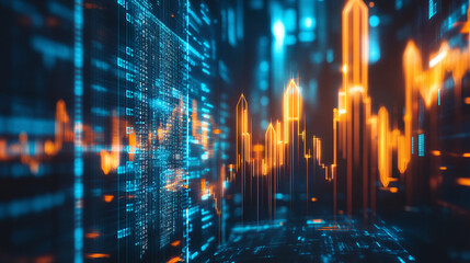 Obraz premium Blue and orange arrows going up symbolizing corporate business economy income growth. finance profit graph and analytics, increasing chart earnings, trending progress, company rise.