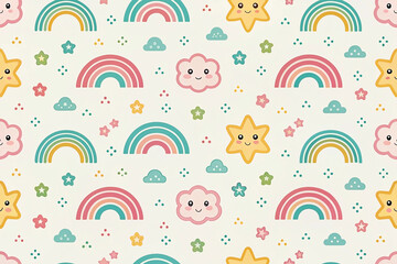 Fototapeta premium Cute rainbows, stars, clouds seamless pattern, pastel background, kids' fabric