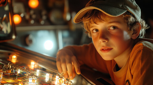 A young boy in a cap leans eagerly over a vibrant pinball machine, lights reflecting on his intrigued face in the dimly lit arcade.