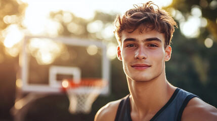 Fototapeta premium Closeup of a young athletic sporty men, caucasian basketball player, standing outdoors, looking at the camera and smiling. happy teen athlete sport recreation outside on the playground with a hoop.