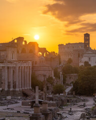 Sunrise over the Roman Forum and archaeological zone encompassing the ancient site. Rome, Italy