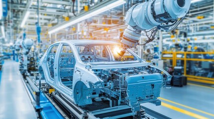 Advanced Robotic Arm Assembling Car Frame in Modern Factory Setting