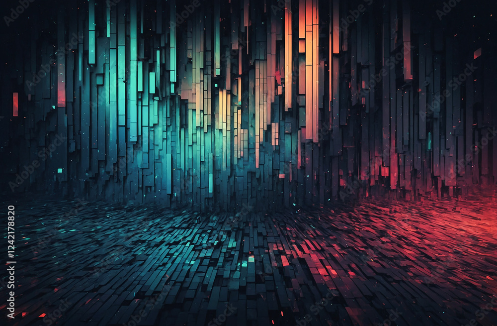 Poster abstract pixel art background with geometric shapes and glitch effects, creating a futuristic and ed