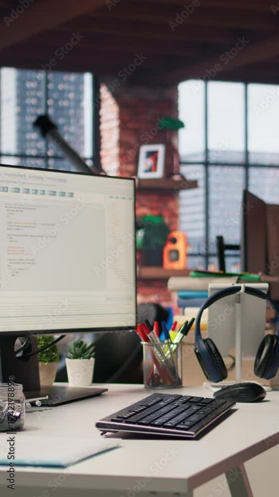 Poster vertical video pc display on startup office desk showing programming languages written by programmer
