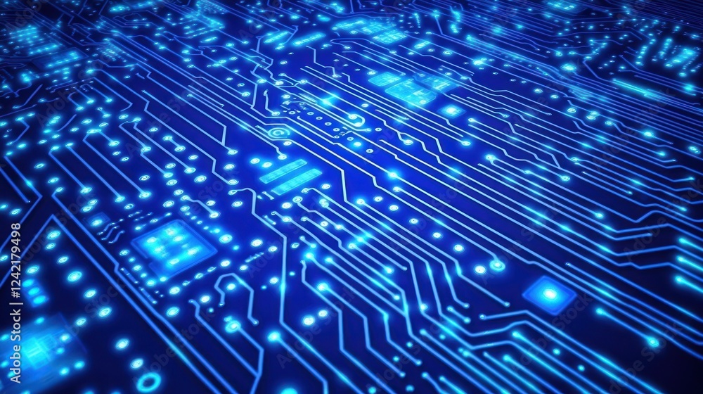Poster illuminated electronic circuit board with flowing data, ideal for tech or it related projects