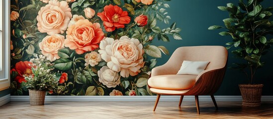 Cozy living room featuring a floral wallpaper with roses and poppies, complemented by a modern chair