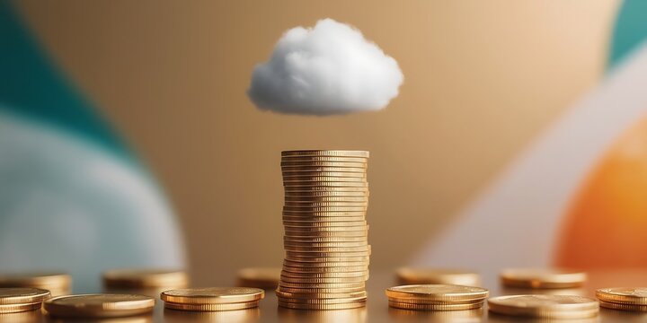 Stack of gold coins with a floating cloud, representing the fusion of cloud technology and digital currencies, emphasizing modern investment and financial growth.
