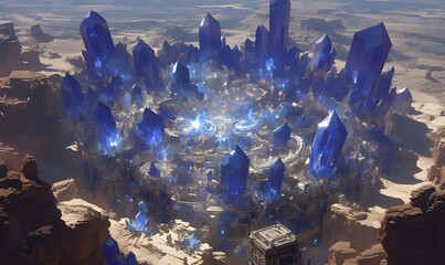 Sapphire-blue crystals connected by crystalline tunnels inside a massive crater on a desert
