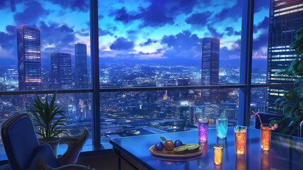 Obraz premium スタイリッシュな夜の都会｜カクテルと美食を楽しむラウンジの風景