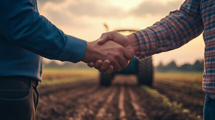 Agribusiness handshake deal agreement with tractor and agricultural farmland plantation partnership investment contract, collaboration, negotiation in agro business market, handshake farmers
