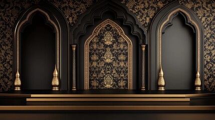Elegant Arabesque Architectural Design: Black and Gold Interior