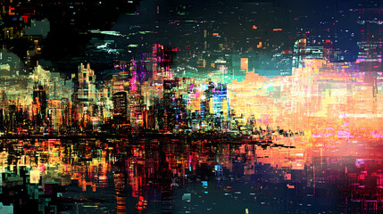 Naklejka premium Glitch art effects on a futuristic cityscape, cyberpunk, neon lights, digital manipulation, distorted reality. Distorted Reality Effects. Illustration