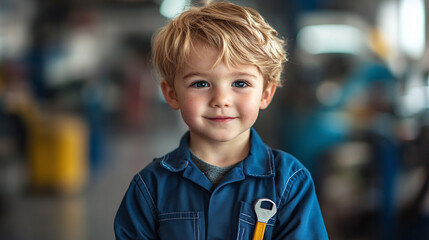 Portrait of a cute little car mechanic boy. male preschool kid wearing a blue uniform with wrench in a pocket, looking at the camera and smiling, standing in an automotive repair workshop center room.