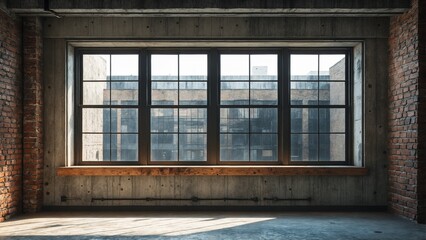 Fototapeta premium Large floor-to-ceiling windows with rustic wooden window frames, finished in warm brown, span the solid concrete walls, their industrial-style aesthetic enhanced by the backdrop of broken brick.