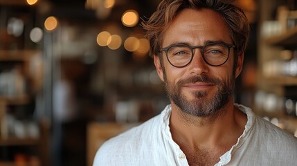 Obraz premium Close up portrait of a man with glasses and a beard in front of a blurred background with bokeh effect
