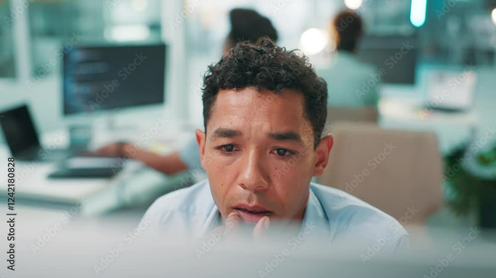 Aufkleber Developer, confused or man reading on computer for research, project or cybersecurity update. Face, solution or programmer coding with technology for web development, programming or building software