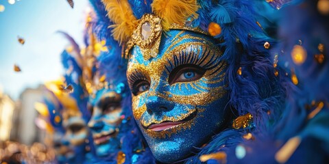 A vibrant carnival atmosphere featuring elaborately decorated masks adorned with blue and golden feathers and sequins in a lively festive parade.