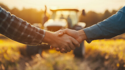 Agribusiness handshake deal agreement with tractor and agricultural farmland plantation partnership investment contract, collaboration, hand shake farmer wheat field sunset tractor partnership