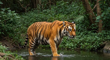 Majestic Tiger Walking Through Lush Green Forest Stream