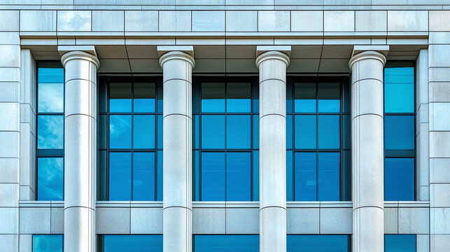 Public federal government business bank building architecture exterior view outdoors. financial institution office for requesting credit and paying taxes in currency.