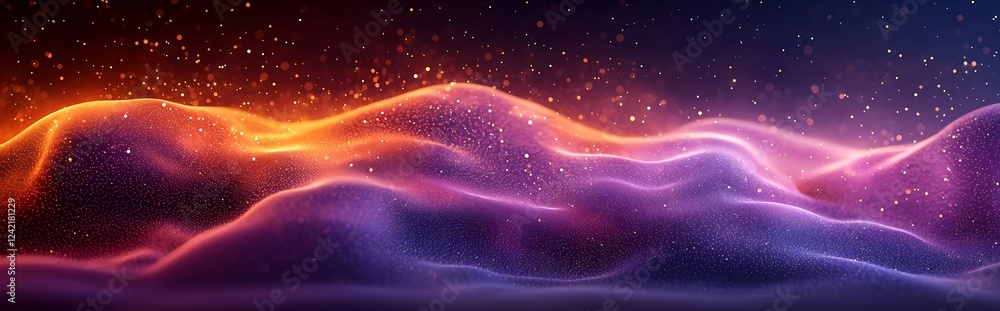 Poster a grainy gradient background in purple and orange, showcasing vibrant abstract glowing color waves a