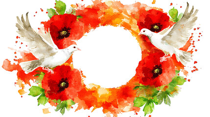 Watercolor doves, poppies wreath, peace, remembrance day card
