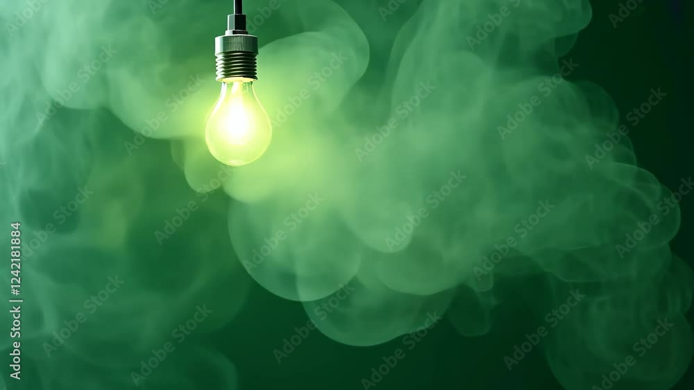 Poster green light bulb hanging with mystical smoke effect in dark atmospheric scene emphasizing ambient li