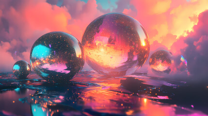 Spheres reflect distorted surroundings in a surreal abstract atmosphere with glitter effects. Distorted Reality Effects. Illustration