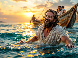 Gospel Images from the Bible NT - John Tells Simon Peter Jesus is Standing on the Shore and He Swims to Him