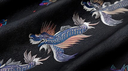 Intricate Dragon Pattern on Black Fabric