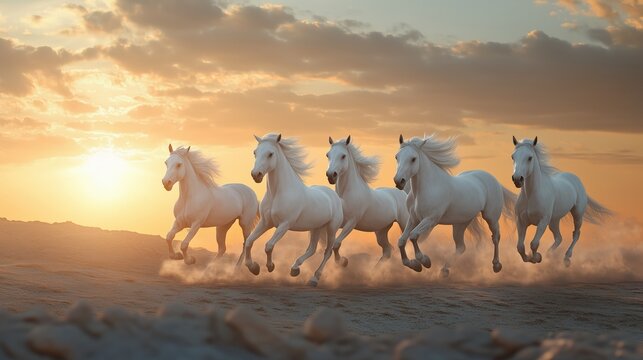 Five white horses gallop across a sandy plain at sunset, manes and tails flowing.