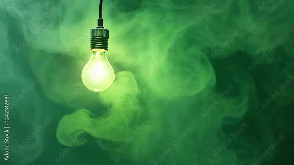 Poster green light bulb hanging with mystical smoke effect in dark atmospheric scene emphasizing ambient li