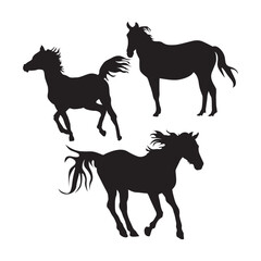 Collection of vector illustrations of various poses of horse silhouettes, long-tailed horses, racing horses