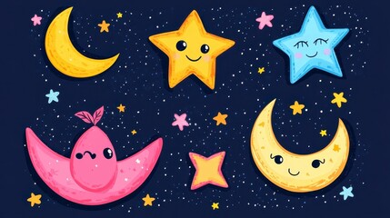 Naklejka premium Cute Cartoon Stars and Moon Characters on Dark Sky Background