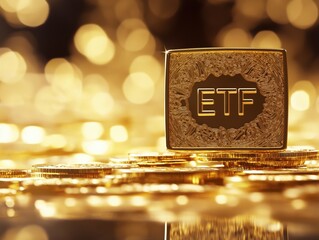 Golden ETF cube resting on a pile of gold coins, symbolizing investment and wealth.