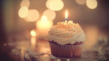Delicious cupcake with candle and festive bokeh background