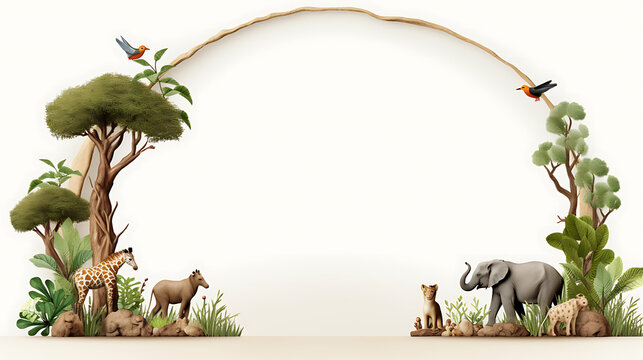 Fototapeta African safari animals frame, nature background, wildlife illustration, postcard design