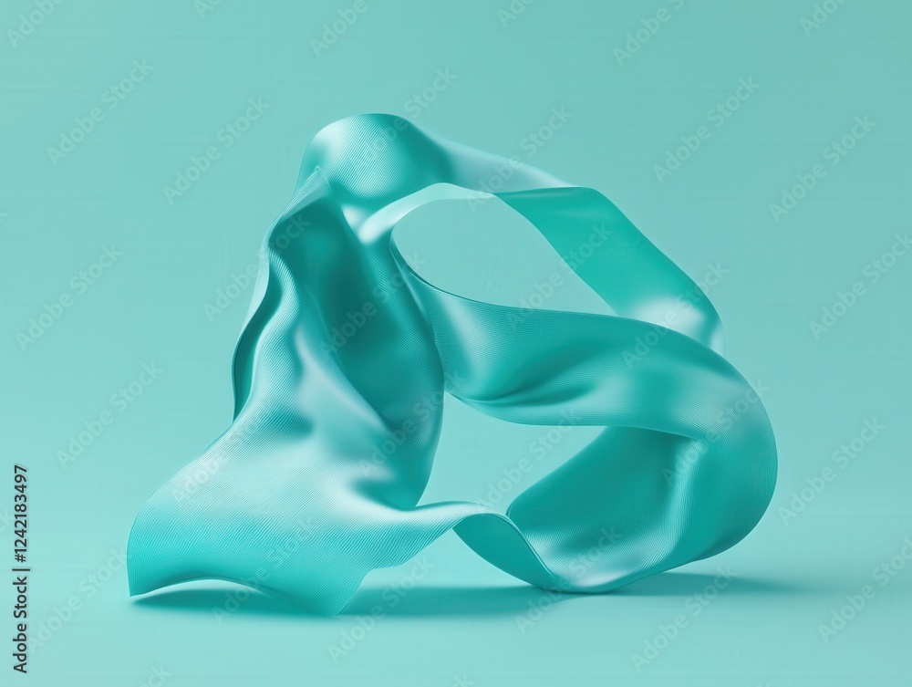Poster fluid teal fabric gracefully flows, creating an abstract form against a minimalist backdrop.