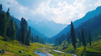 Fototapeta premium Majestic Mountains and Lush Green Valley with a Winding River Stream