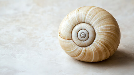 Beige snail shell on marble; nature background; website design