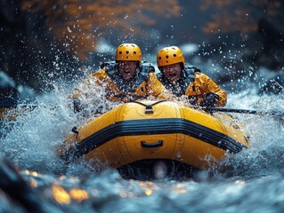 Two People Whitewater Rafting Down A River Wearing Yellow Protective Gear