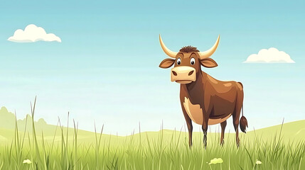 Cartoon bull grazing pasture sunny day farm illustration