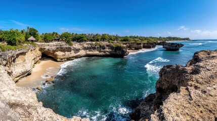 Serene Coastal Landscape with Clear Blue Waters and Lush Greenery Under Bright Sunny Sky